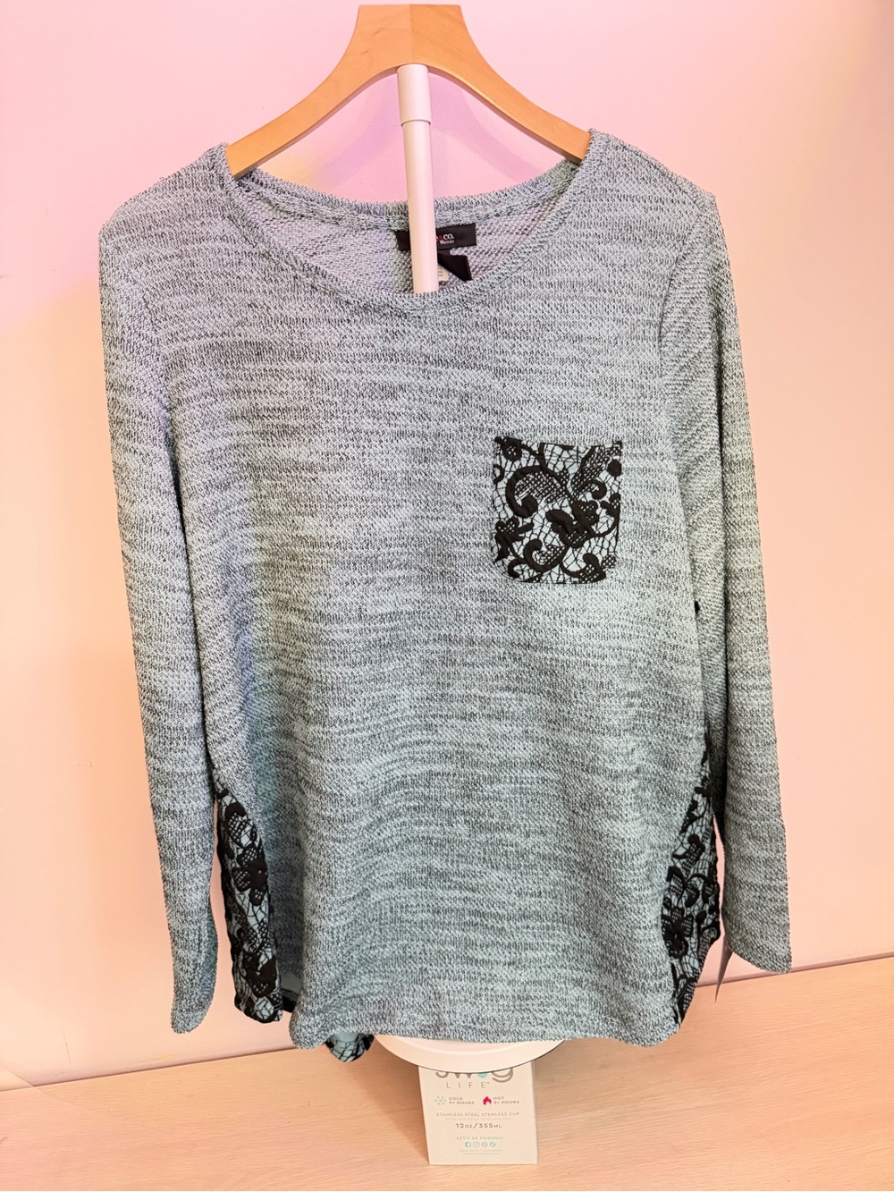 Casual Blue/Gray Knit Long-Sleeve Top with Lace Pocket